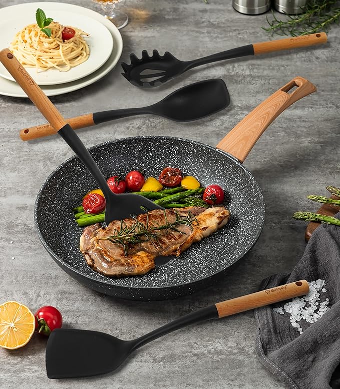 Silicone Cooking Utensils Set, 6 Pack Large Kitchen Utensils Set with Wooden Handle, Heat Resistant Silicone Utensil Spatula Set for Nonstick Cookware, Spatula, Turner, Spoon, Ladle BPA Free (Black)-Ruum Studio Home