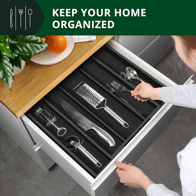 ROYAL CRAFT WOOD Luxury Bamboo Kitchen Drawer Organizer - Silverware Organizer - Utensil Holder and Cutlery Tray with Grooved Drawer Dividers for Flatware and Kitchen Utensils (5 Slot, Black)-Ruum Studio Home