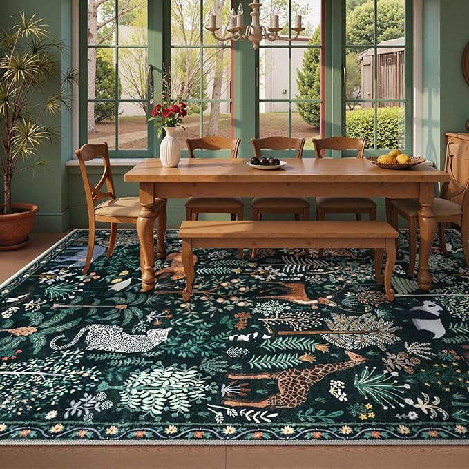 OJIA Jungle Print 9x12 Area Rugs for Living Room, Green Soft Bedroom Rug Washable Rugs 9x12, Modern Dining Room Rug Stain Resistant Ultra-Thin Floor Carpet for Playroom Kids Room Nursery-Ruum Studio Home