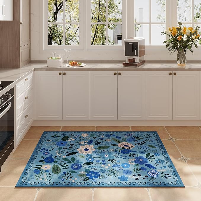 Door Mat Indoor Entrance 2x3 Rug Machine Washable Boho Floral Small Area Rug Non-Slip Low Pile Throw Rugs for Entryway, Kitchen, Front Door Indoor Entrance, Entry, Kids Room (Blue)-Ruum Studio Home