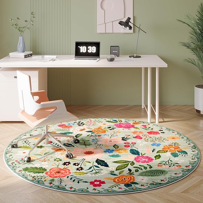 Round Rug 4ft Washable Circle Rug Non Slip Low Pile Boho Floral Small Circular Rug for Bedroom, Bathroom, Entryway, Kids Room, Office, College Dorm(Green)-Ruum Studio Home