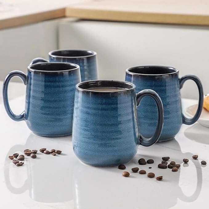 Hasense Coffee Mug Set of 4, 12 Ounce Ceramic Coffee Cups with Handle, Large Mug Set for Coffee, Tea, Chocolate, Modern Mug Gift for Men and women, Dishwasher & Microwave Safe(Blue)-Ruum Studio Home