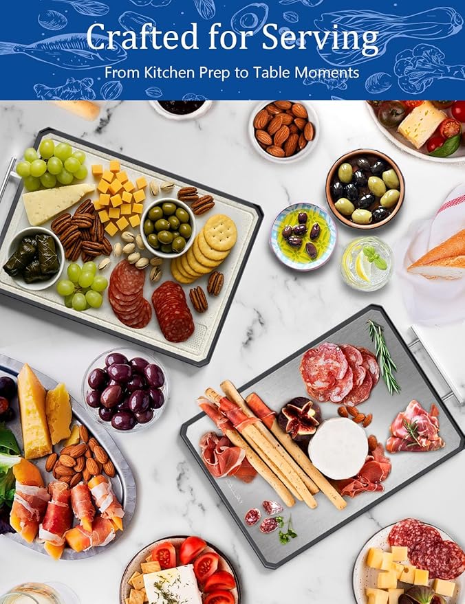 Titanium Cutting Boards for Kitchen, 2 in 1 Titanium Cutting Boards with JUICE GROOVE, Metal Chopping Board for Meat/Vegetables, Pure Titanium&Wheat Straw PP, Food-Grade, Dishwasher Safe16.3”×11”-1 PC-Ruum Studio Home