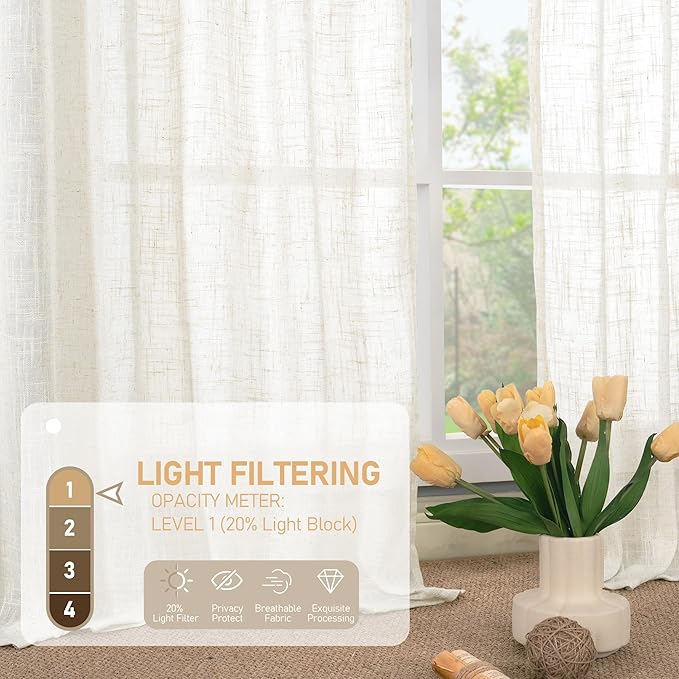 LAMIT Light Filtering Sheer Linen Curtains 84 inches Long, Linen Textured Semi Sheer Bronze Grommet Natural Boho Drapes for Living Room/Farmhouse/Bedroom, 2 Panels, Cream, 60 x 84 Inch-Ruum Studio Home
