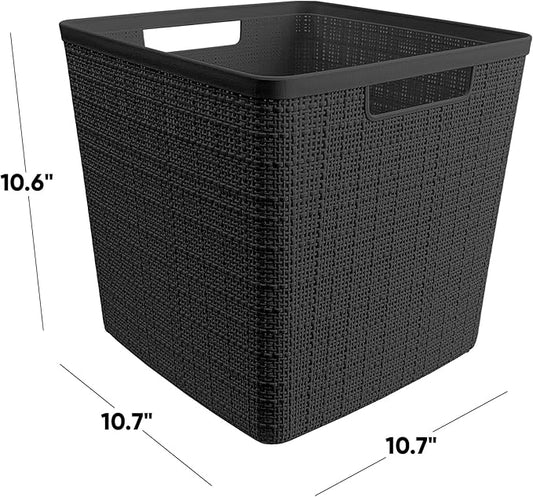 Curver Set of 4 Jute Large Cube Decorative Plastic Organization and Storage Baskets, Perfect Bins for Home Office, Closet Shelves, Kitchen Pantry and All Bedroom Essentials, Black-Ruum Studio Home