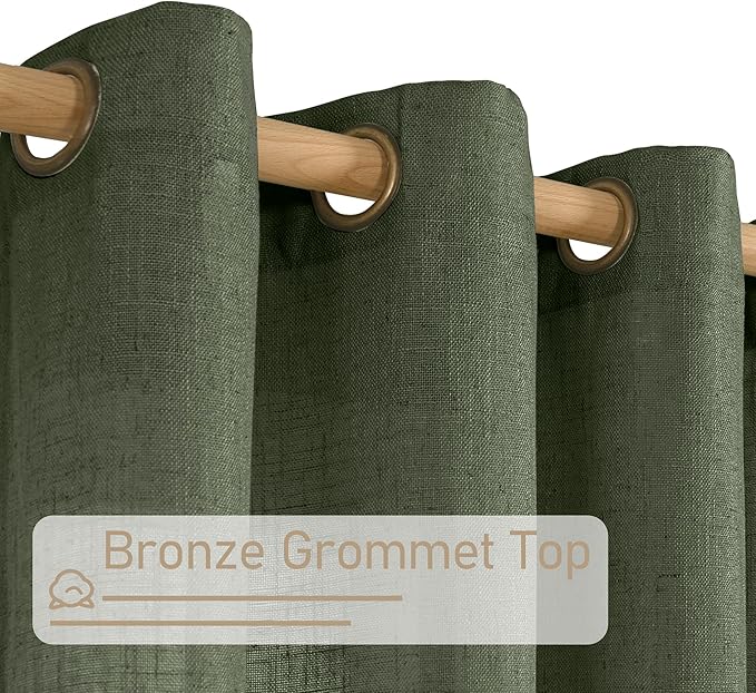 LAMIT Olive Green Linen Curtains 84 inch Length, Soft Linen Textured Light Filtering Semi Sheer Panels with Bronze Grommet for Bedroom/Living Room, 2 Panels, 34 x 84 Inch-Ruum Studio Home