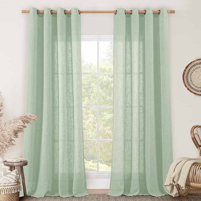 LAMIT Linen Curtains for Living Room 84 inch Length 2 Panels, Light Filtering Semi Sheer Panels Bronze Grommet Farmhouse Drapes for Bedroom/Sliding Glass Door, Fresh Green, 52 x 84 Inch-Ruum Studio Home