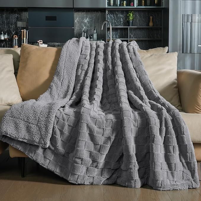 Pawque Super Soft Cozy Throw Blanket for Couch Sofa Bed - Fluffy Sherpa Fleece Reversible Thick Warm Fuzzy Blanket for All-Season, 3D Checkered Jacquard Elegant Decorative Blankets, Grey, 50" x 60"-Ruum Studio Home