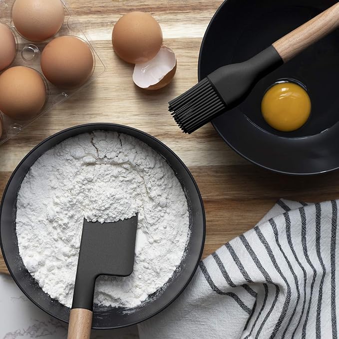 Country Kitchen Non Stick Silicone Utensil Set with Rounded Wood Handles for Cooking and Baking, 6 Piece Set, Black-Ruum Studio Home
