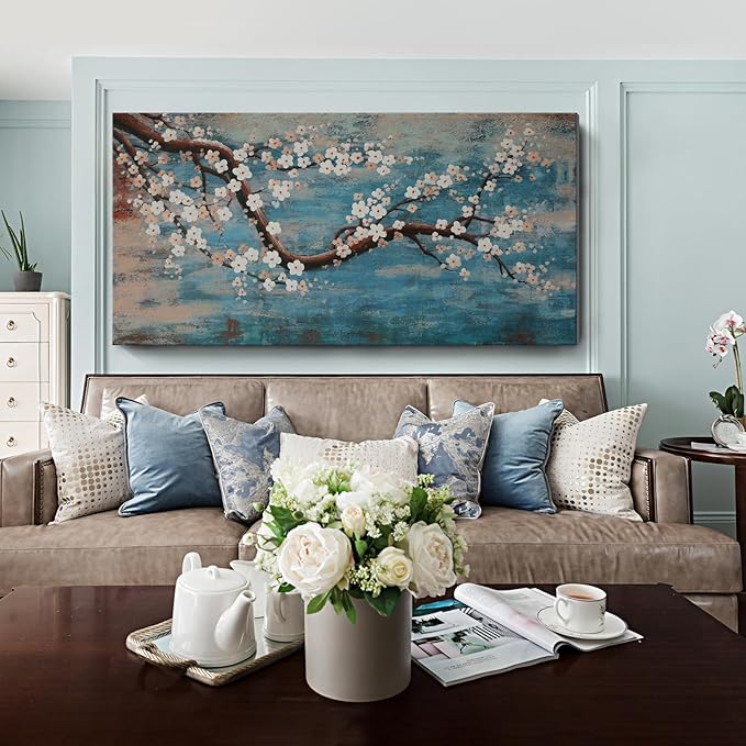 Large Canvas Wall Art for Living Room- 100% Hand-Painted Oil Painting with Texture, Extra Large Gallery Wrapped Floral Plum Blossom Tree Artwork Blue Teal Lake Wall Picture for Bedroom, Office Decor-Ruum Studio Home