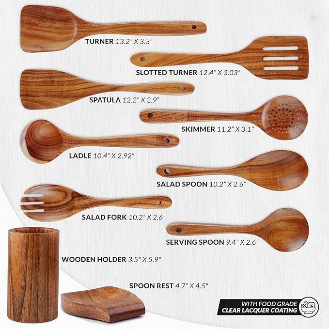 Zulay Kitchen 10-Piece Wooden Spoons for Cooking - Smooth Finish Teak Wooden Utensils for Cooking - Soft Comfort-Grip Wood Spoons for Cooking - Non-Stick Wooden Cooking Utensils - Wooden Spoon Sets-Ruum Studio Home
