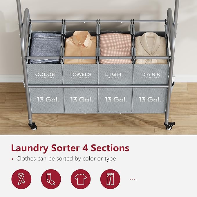 Tajsoon Laundry Sorter with Hanging Bar, 4 Section Rolling Laundry Hamper with Heavy Duty Lockable Wheels, Laundry Sorter Cart for Bathroom & Bedroom, Gray-Ruum Studio Home