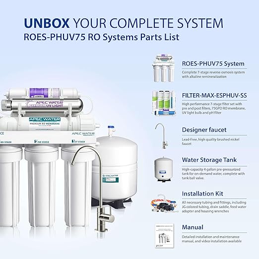 APEC Water System ROES-PHUV75 Essence Series Top Tier Alkaline Mineral pH+ and UV Ultra-Violet Sterilizer 75 GPD 7-Stage Ultra Safe Reverse Osmosis Drinking Water Filter System-Ruum Studio Home