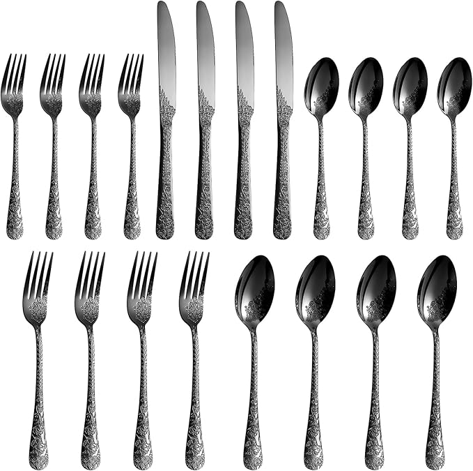 Floral 20 Pcs Black Silverware Set for 4, Food Grade Stainless Steel Flatware Set with Rose Flower Embossed Design, Eating Utensils Sets Include Fork/Knife/Spoon, Reusable Cutlery Set, Dishwasher Safe-Ruum Studio Home