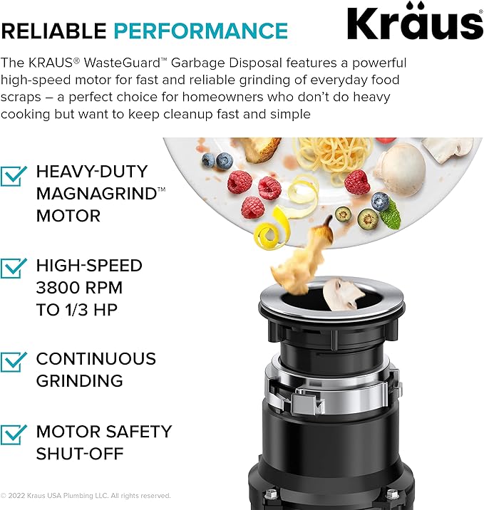 KRAUS WasteGuard 1/3 HP Ultra-Quiet Garbage Disposal with Quick Connect, Kitchen Sink Drain Cover, Power Cord and Flange Included, KWD100-33MBL-Ruum Studio Home