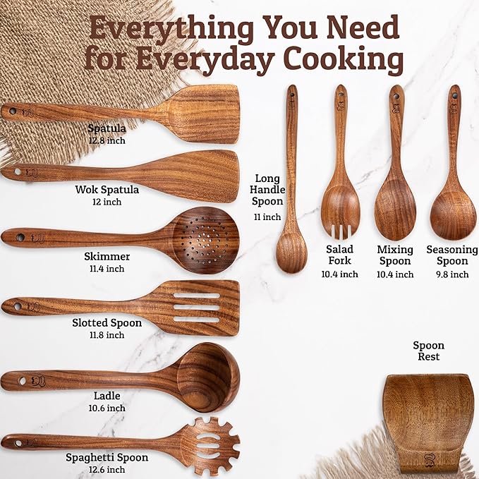 PriorityChef Premium Wooden Spoons for Cooking - 10pc with Spoon Rest and Hanging Hooks, Smooth Finish Teak Wooden Utensil Set, Heat-Resistant & Nonstick Safe, Ideal for Gifting-Ruum Studio Home