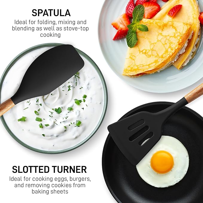 Zulay Kitchen Non-Stick Cooking Utensils Set with Authentic Acacia Wood Handles – 5-Piece Durable & Stylish Silicone Kitchen Utensils Set – Heat Resistant to 464°F – Black-Ruum Studio Home