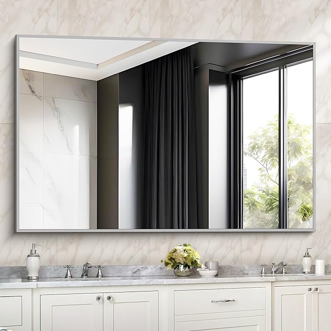 36x55 inch Bathroom Mirror, Silver Rectangle Mirror with Thin Metal Frame, Large Rectangular Wall Mirrors for Bathroom, Living Room, Big Mirror Hang Horizontal/Vertical-Ruum Studio Home