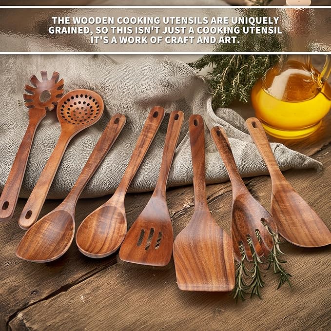 9 PCS Kitchen Utensils Set - Wooden Spoons for Cooking, Natural Teak Wooden Utensils - Includes Wooden Spoons, Spatula Set, Slotted Spoon - Handmade Wooden Spoon Set-Ruum Studio Home