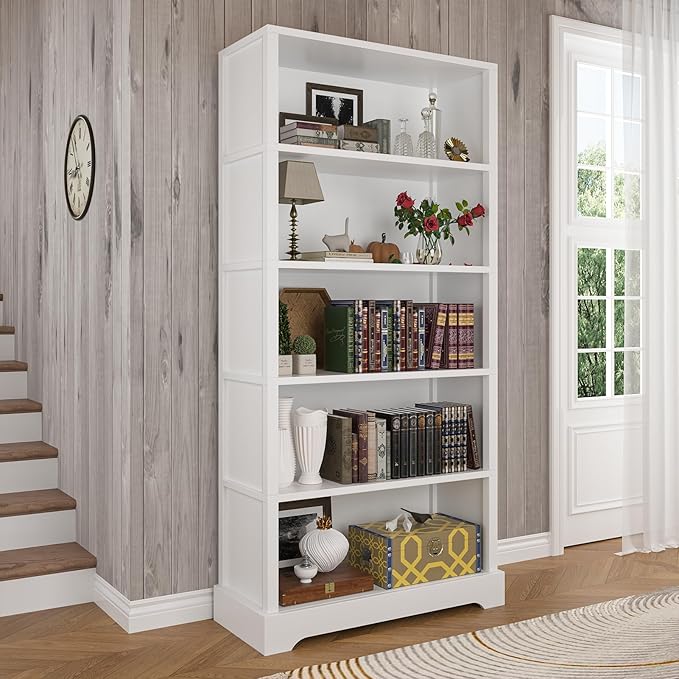 TVU 5-Shelf Wood Bookcase, 65 Inch Tall Bookshelf with Storage, Floor Standing Display Book Shelf,for Living Room Bedroom Study Office, White-Ruum Studio Home