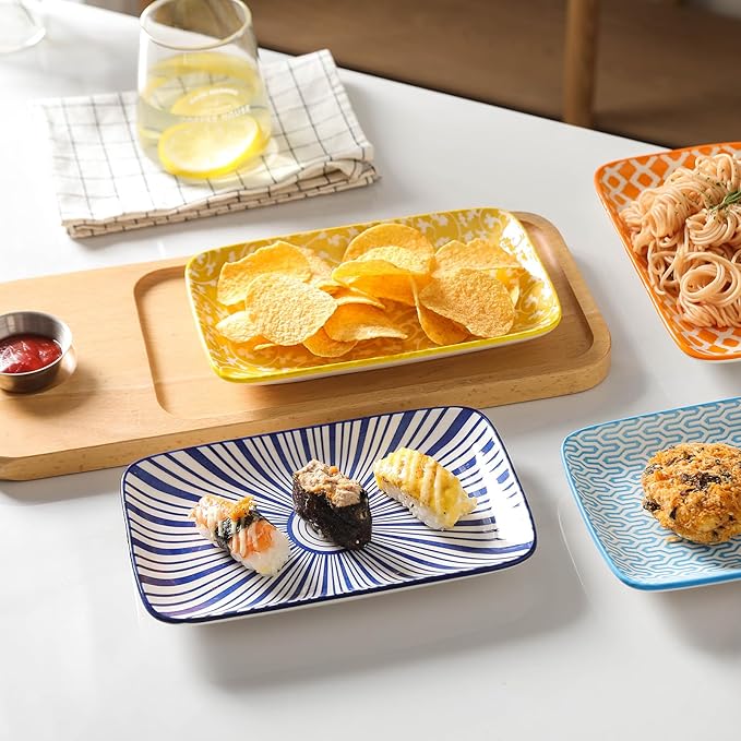 Selamica Ceramic Rectangular Salad Plates Set, Dinner Plate 9.4 Inch Dessert Plates for Party Entertaining, Small Serving Plates for Appetizers, Sushi, Fruit, Set of 4, Assorted Colors-Ruum Studio Home