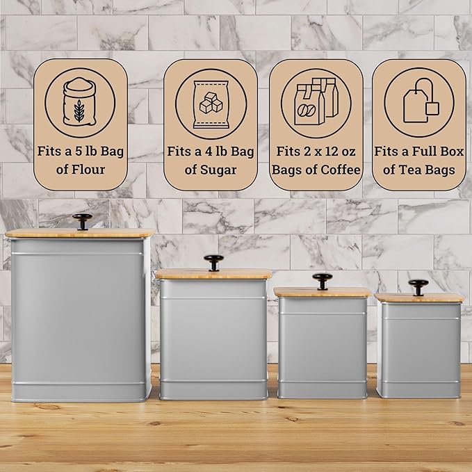 Kitchen Canisters for Countertop Set of 4 with Customizable Chalkboard Labels & Marker Pen - Big Iron Kitchen Canisters with Airtight Lids - Gray Canister Set - Flour and Sugar Containers Farmhouse-Ruum Studio Home