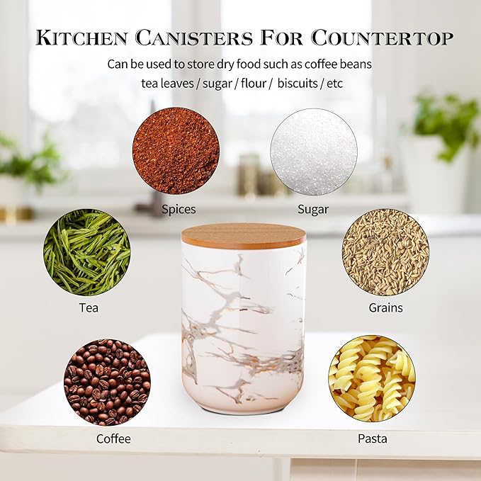 White Ceramic Canister Set with Wooden Lid, 3-Piece Food Storage Jars for Kitchen Counter, Storage Container for Sugar, Coffee, Tea, Spice-Ruum Studio Home