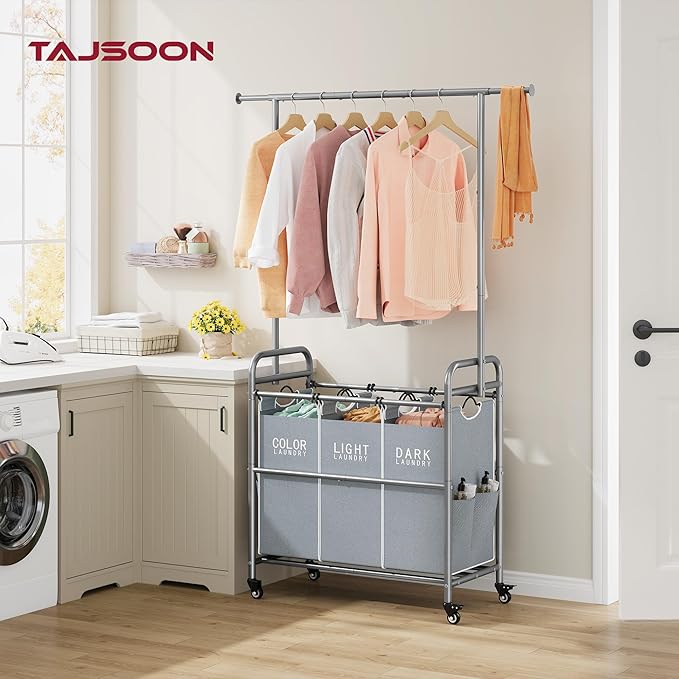 Tajsoon Laundry Sorter with Hanging Bar, 3 Section Rolling Laundry Hamper with Heavy Duty Lockable Wheels, Laundry Basket with Hanging Rack for Bedroom, 3 Gray-Ruum Studio Home