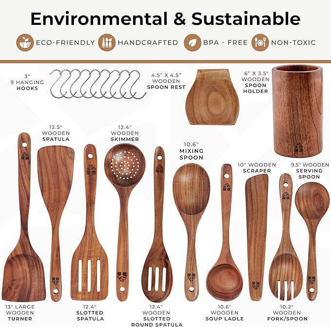 Wooden Spoons for Cooking – Wooden Cooking Utensils Set with Holder, Spoon Rest & Hooks, Teak Wood Nonstick Kitchen Cookware – Durable Set of 12pcs by Woodenhouse-Ruum Studio Home
