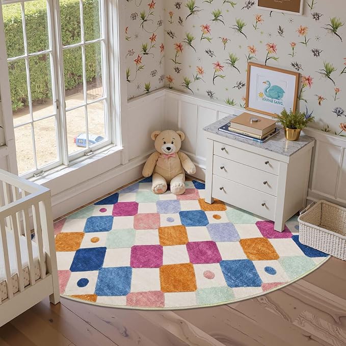 jinchan Kids Rug for Nursery 5ft Radius Corner Washable Area Rug Modern Colorful Quarter Circle Rug Soft Non-Slip Carpet for Bedroom Playroom Daycare Reading Nook Kitchen Classroom Berries on Cream-Ruum Studio Home
