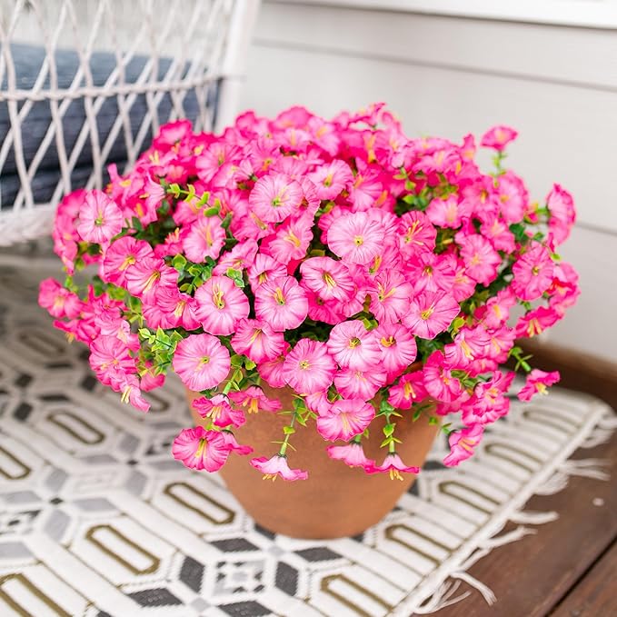 Artificial Flowers for Outdoors Fake Plants Outside Decoration, 12 Bundles Silk Pink Morning Glory with Eucalyptus UV Resistant Look Real Faux Flowers for Planter Front Door Yard Gardens Home-Ruum Studio Home