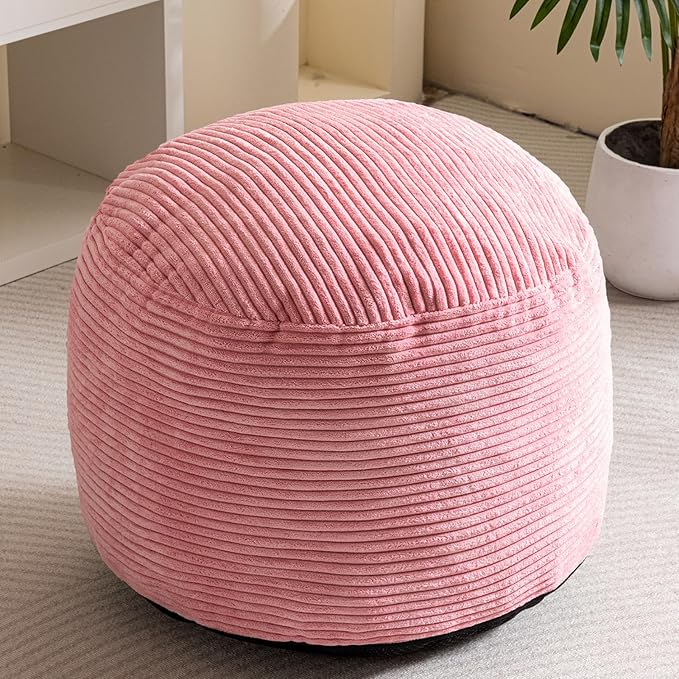 HIGOGOGO Round Stuffed Pouf Ottoman, Corduroy Poufs with Foam Chunk Filling, Furry and Fluffy Pouf Foot Stool Storage Ottoman, 26 X 18 Floor Poufs Foot Rest for Living Room, Pink-Ruum Studio Home