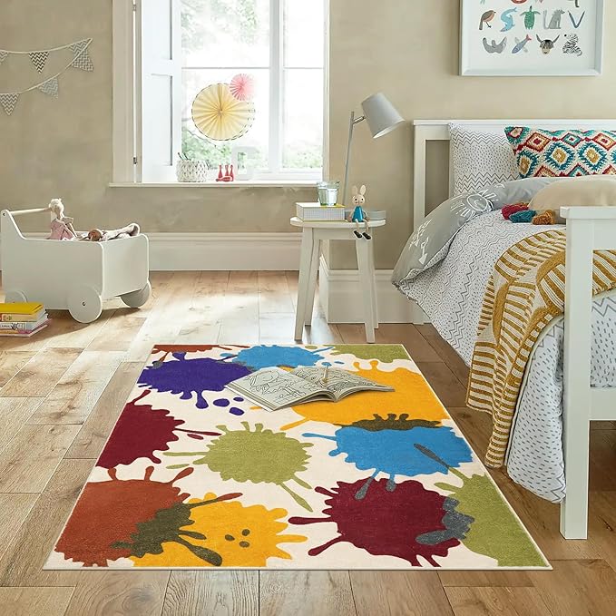 STARUIA Art Bedroom Rug, 4'x6' Machine Washable Kids Rug for Playroom, Paint Splash Rainbow Area Rugs for Classroom, Soft Colorful Living Room Rugs Throw Play Mat for Nursery Office Preschool-Ruum Studio Home