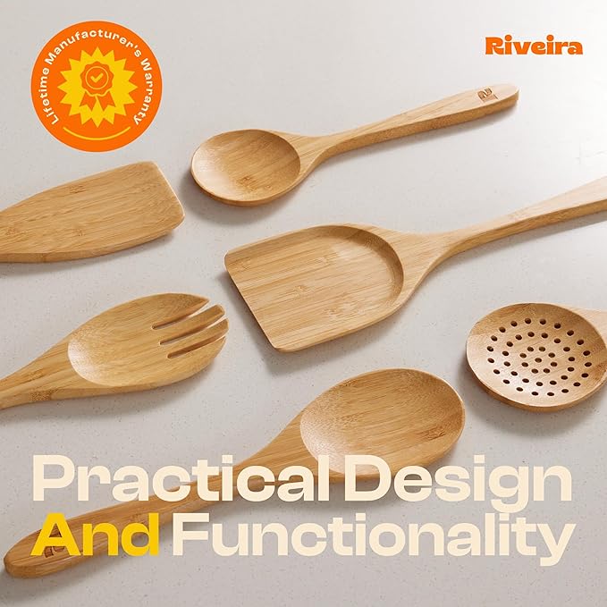 Riveira Brown Bamboo Wooden Spoons for Cooking Set of 6 – Natural Brown Bamboo Wooden Cooking Utensils, Wooden Spatula, Wooden Spoon - Premium Quality Wooden Utensil Set for Non-Toxic Cooking-Ruum Studio Home