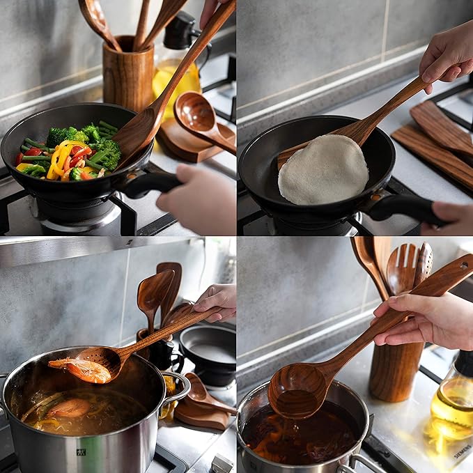 8 Pcs Teak Wooden Utensil Set with Holder, Spoon Rest & 6 Hooks - Durable Wooden Spoons for Cooking with Comfort Grip - Effortless Clean, Non-Stick Friendly-Ruum Studio Home