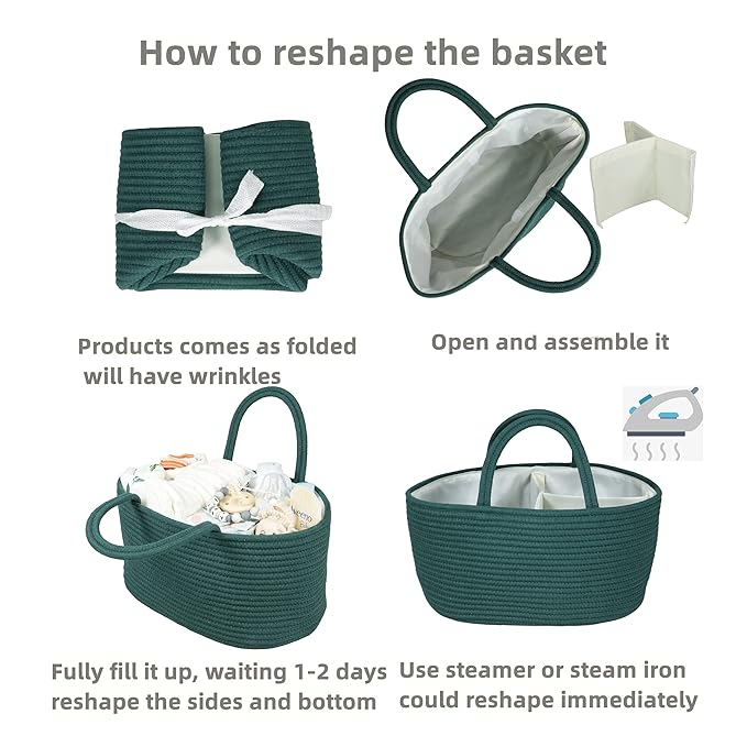 Large Baby Diaper Caddy Organizer for Girl Boy Rope Nursery Storage Bin Basket Portable Holder Tote Bag for Changing Table Car Travel Baby Shower Gifts basket dark green-Ruum Studio Home
