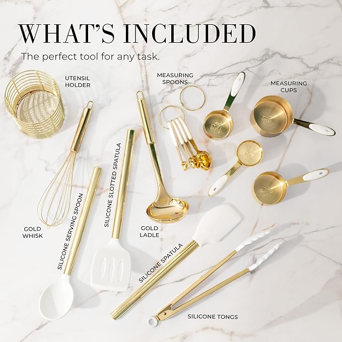 Styled Settings White and Gold Kitchen Utensils Set - 15-Piece BPA free, Non-Scratch, Utensils Set Includes White Silicone Cooking Utensils and Measuring Cups and Spoons-Ruum Studio Home