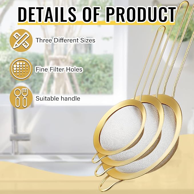 Norme 5 Quart Stainless Steel Gold Colander and 3 Pcs Gold Fine Mesh Strainer, Stainless Steel Pasta Rice Food Metal Strainer with Handles, Easy Clean and Dishwasher Safe-Ruum Studio Home