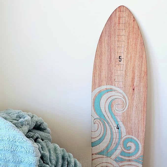 Wooden Surfboard Wall Decor Growth Chart - Surf Board Decor for Kids Room, Wooden Growth Chart for Wall, Surfboard Wall Art, Surfboards for Decoration - Teal Wave (9.5"x 45")-Ruum Studio Home