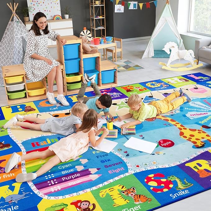 Kids Rugs for Playroom Washable, Educational and Fun Learning Rugs with ABC Alphabet Animals Shapes, Baby Toddler Children's Play Mat for Bedroom Classroom Nursery, 5x7 Feet, Blue-Ruum Studio Home