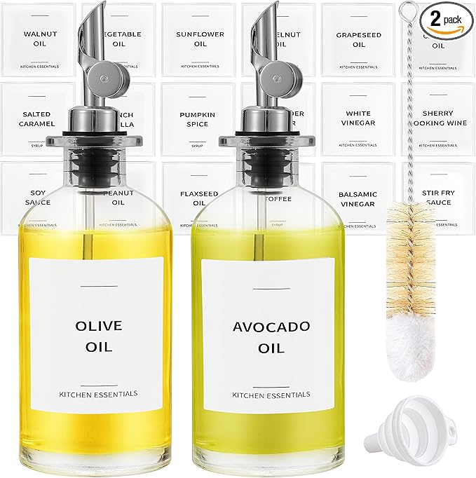 Olive Oil Dispenser Bottle - Includes 55 Kitchen Essential Labels - Cooking Oil Bottles for Kitchen, Coffee Syrup Dispenser - Pourer Spout with 11.8 fl oz Glass Container Cruet - 2pcs Silver-Ruum Studio Home