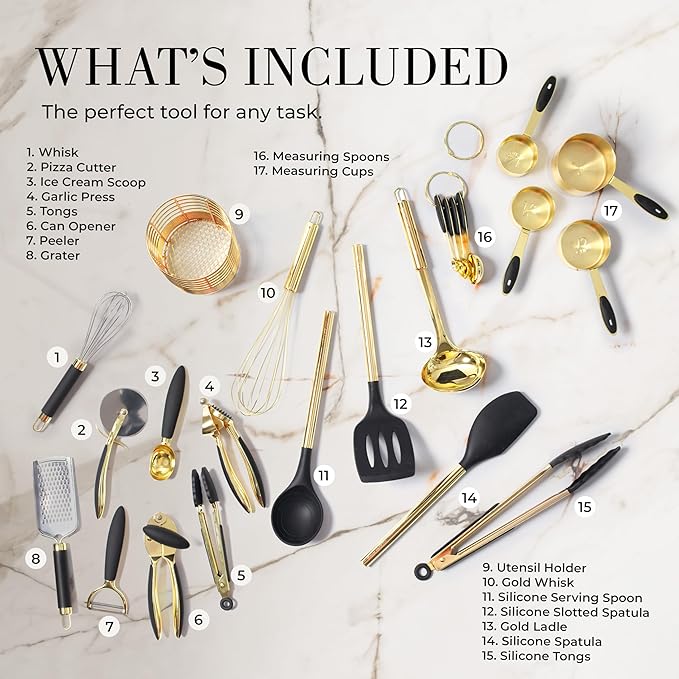 Black and Gold Kitchen Utensils Set - 23-Piece Luxury Kitchen Accessories Includes Gold Measuring Cups, Spoons, Silicone Cooking Utensils and Tools for Baking, Cooking, and Stylish Kitchen Decor-Ruum Studio Home