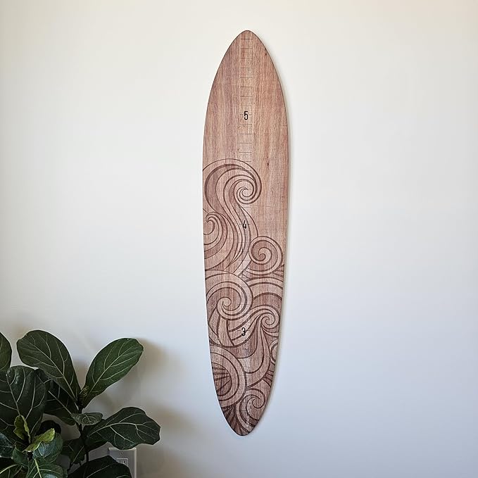 Wooden Surfboard Wall Decor Growth Chart - Surfboard Art Decor for Kids Room, Wood Surfboard Kids Sizing Chart, Surf Boards Art, Height Board Surfer Decor - Brown Wave (9.5"x 46")-Ruum Studio Home