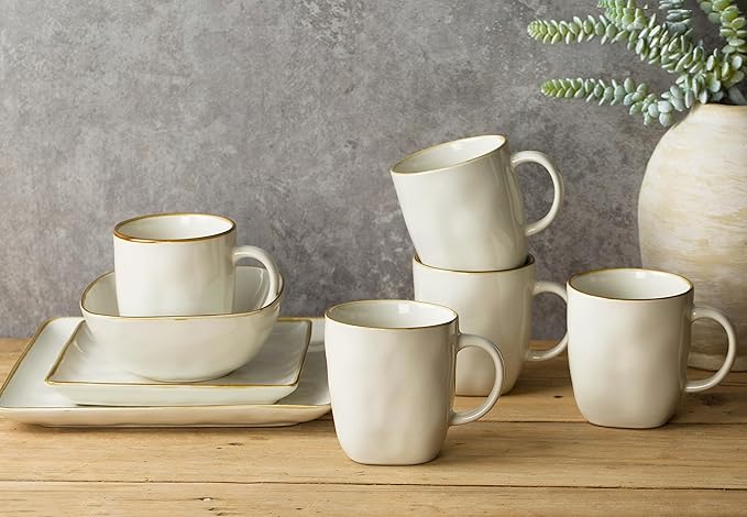 famiware Coffee Mugs Set of 4, Ocean Square 13oz Coffee Cup Set with Handle for Cocoa, Milk, Hot Chocolate, Tea, Water, Stoneware Cups for Kitchen, Microwave and Dishwasher Safe, Vanilla White-Ruum Studio Home