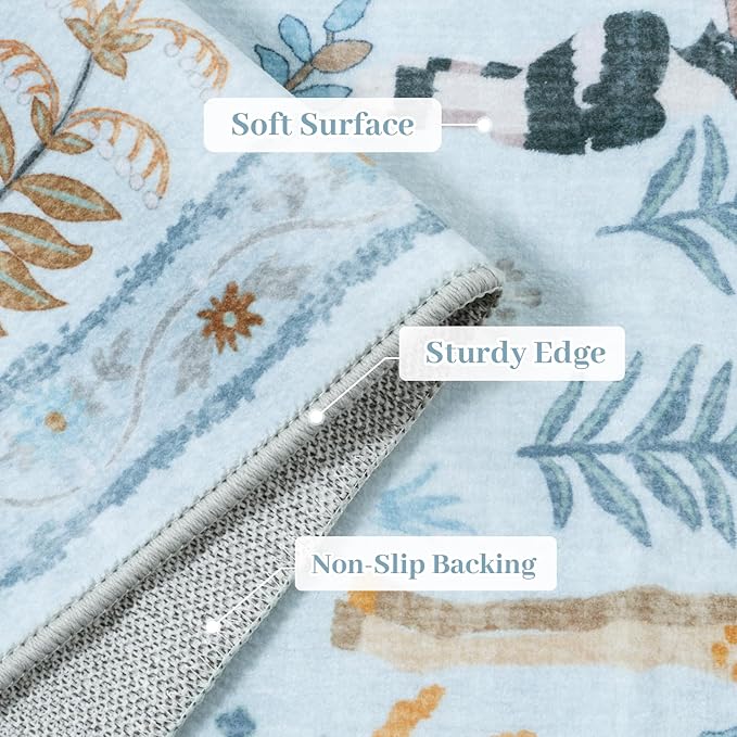 OJIA Animal Area Rugs 8x10, Soft 8x10 Washable Rugs for Living Room Bedroom, Non-Slip Boho Ultra-Thin Dining Room Rug Large Throw Carpet for Farmhouse Playroom Office, Light Blue-Ruum Studio Home