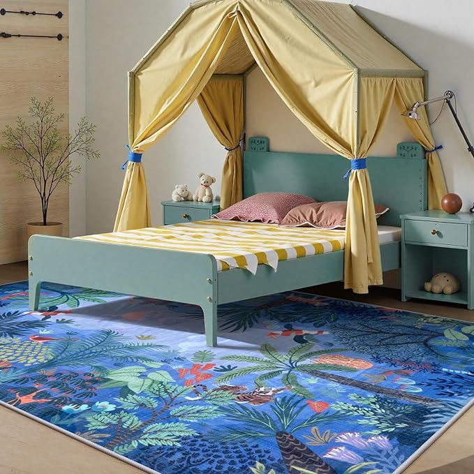 LIVEBOX Jungle Animal Print Dining Room Rugs for Under Table, Soft Modern Rug for Living Room, Washable Kids Rugs for Boy Bedroom, Non-Skid Blue Kids Carpet Playmat Rug for Play-Ruum Studio Home