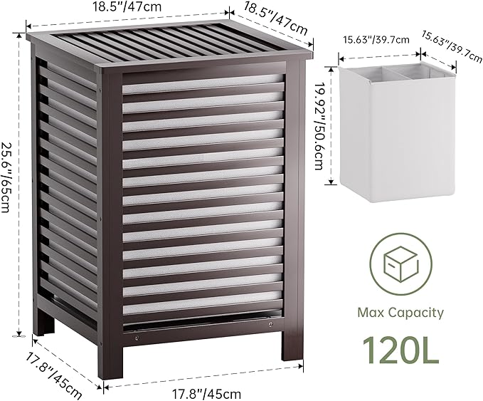 SMIBUY Double Laundry Hamper with Lid, 120L Bamboo Laundry Basket with Removable Liner Bag, 2-Section Clothes Divider Laundry Sorter for Laundry Room, Bathroom, Bedroom (Dark Brown)-Ruum Studio Home
