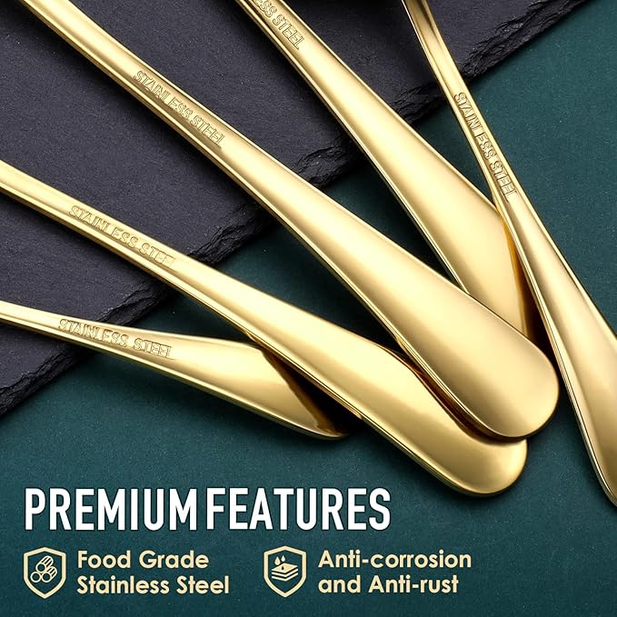 Gold Serving Utensils, OGORI 8-Piece Polished Stainless Steel Flatware Silverware Set Include Serving Spoon, Slotted Spoon, Cake Server, Soup Ladle, Fork, Salad Fork, Butter Knife, Serving Tong-Ruum Studio Home