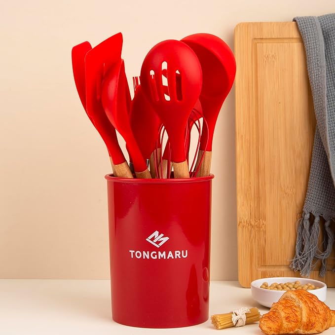 Silicone Cooking Utensils Set, Premium Beech Wood Handle Kitchen Gadgets Utensil Set, Non-Stick Kitchen Utensils Spatula, Tongs, Turner, Whisk, Brush, Spoon, BPA FREE, 446°F Resistant (Red)-Ruum Studio Home