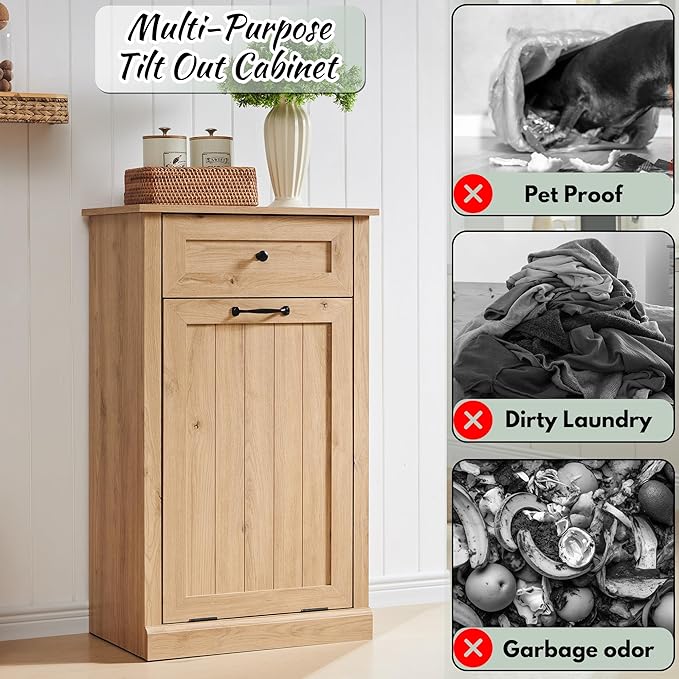 Tilt Out Laundry Hamper Cabinet, 10 Gallon Farmhouse Trash Can Cabinet with Drawer, Hidden Wood Garbage Can Bin Cabinets with Laundry Storage Basket for Bathroom, Kitchen, Natural-Ruum Studio Home